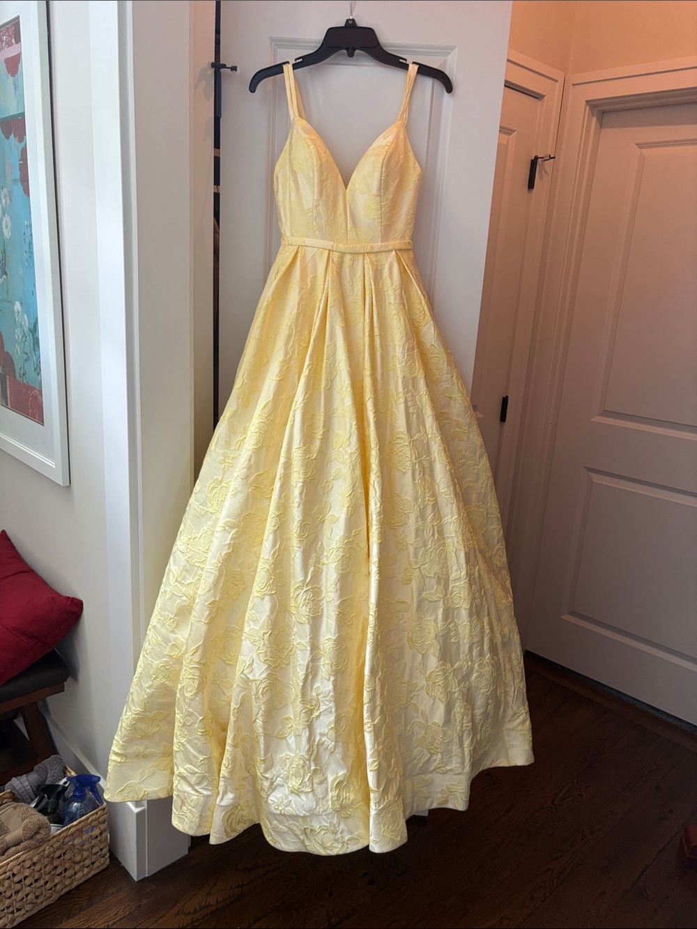Yellow Floral Jacquard Full Skirt Gown by Sherri Hill